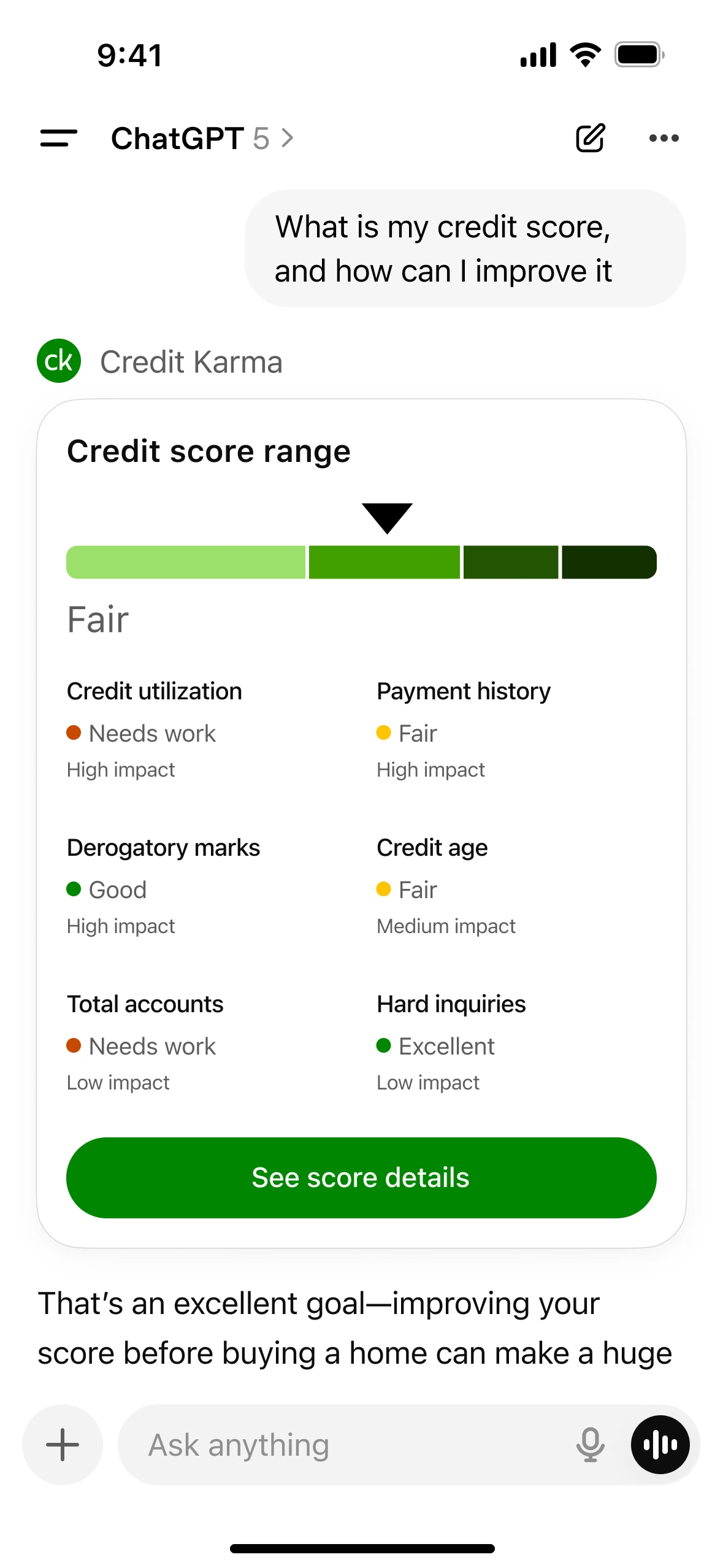 Credit Karma showing a credit score range and contributing factors inside ChatGPT, with a link to score details