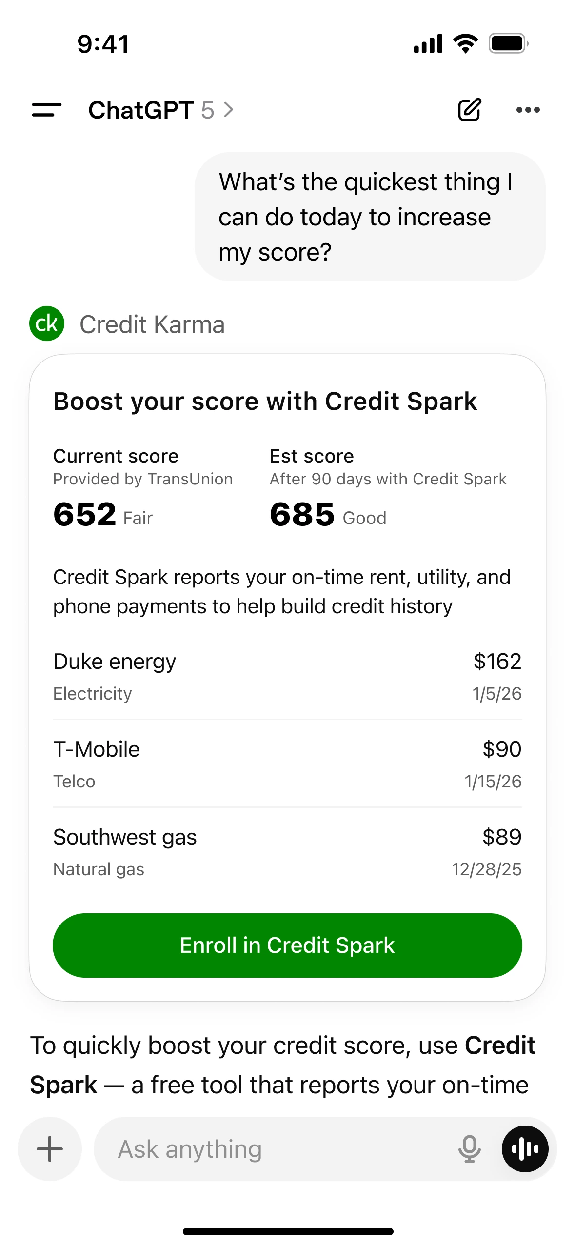 ChatGPT mobile conversation where Credit Karma surfaces a Credit Spark card to boost the user's score, with a handoff into the app