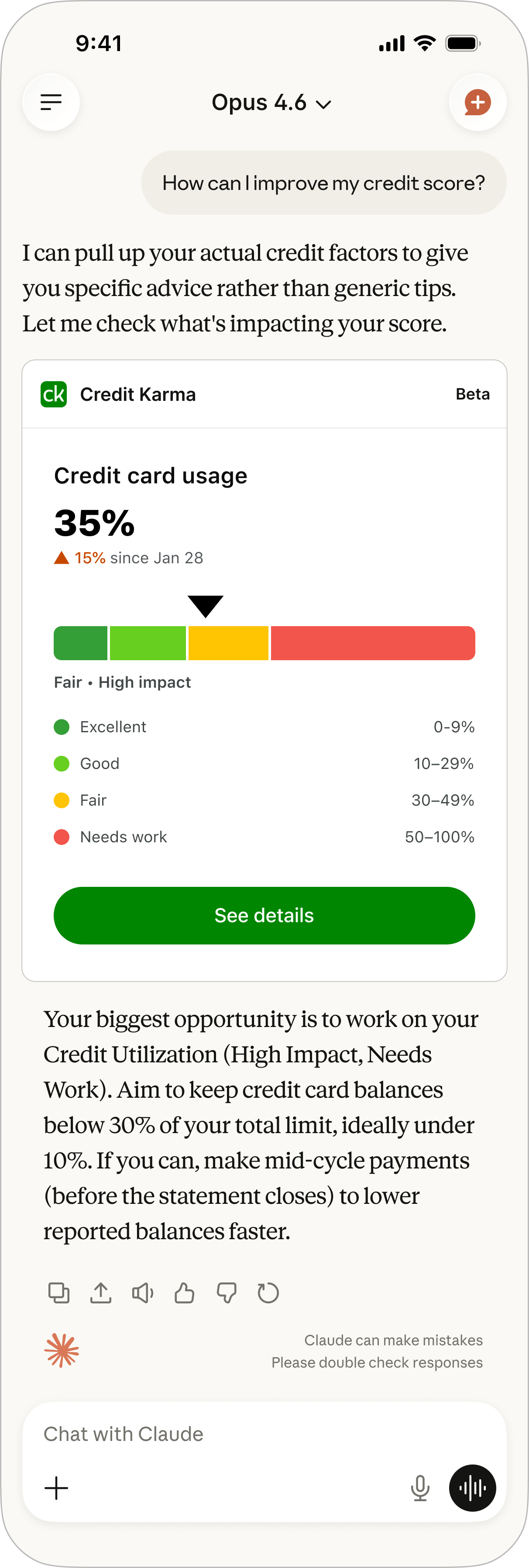 Credit Karma credit card usage and utilization factor in an extended Claude conversation, with a grounded recommendation to improve it
