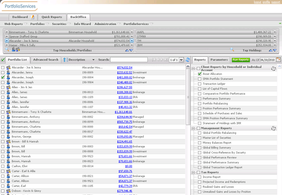 Legacy Schwab Portfolio Services BackOffice: a flat account list and a checkbox-heavy report panel